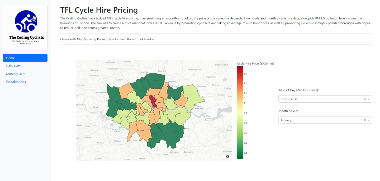 TFL Cycle Hire Pricing app home page with a choropleth map of cycle hire prices across London boroughs